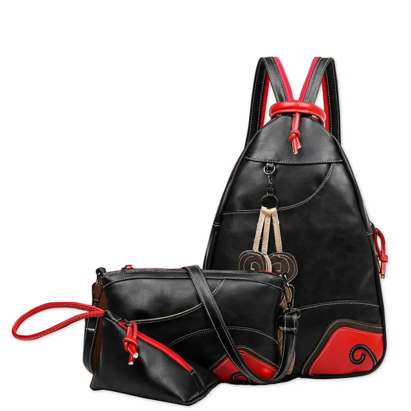 

Women's PU Leather Backpacks Leaves Pattern College Style Backpack Fashion 3Pcs/set Shoulder Bag Multifunction Girls Purse