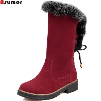 

Asumer fashion new arrive women boots round toe flock slip on ladies boots black wine red square heel ankle boots big size 34-43