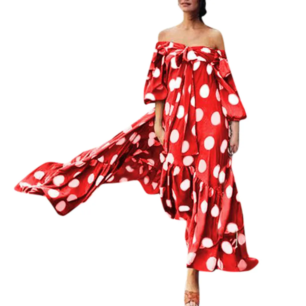 

Jaycosin clothes Women Bohemian Dress Fashion Half Polka Dot Printed Cold Shoulder Lace Ruffle Bow Dress