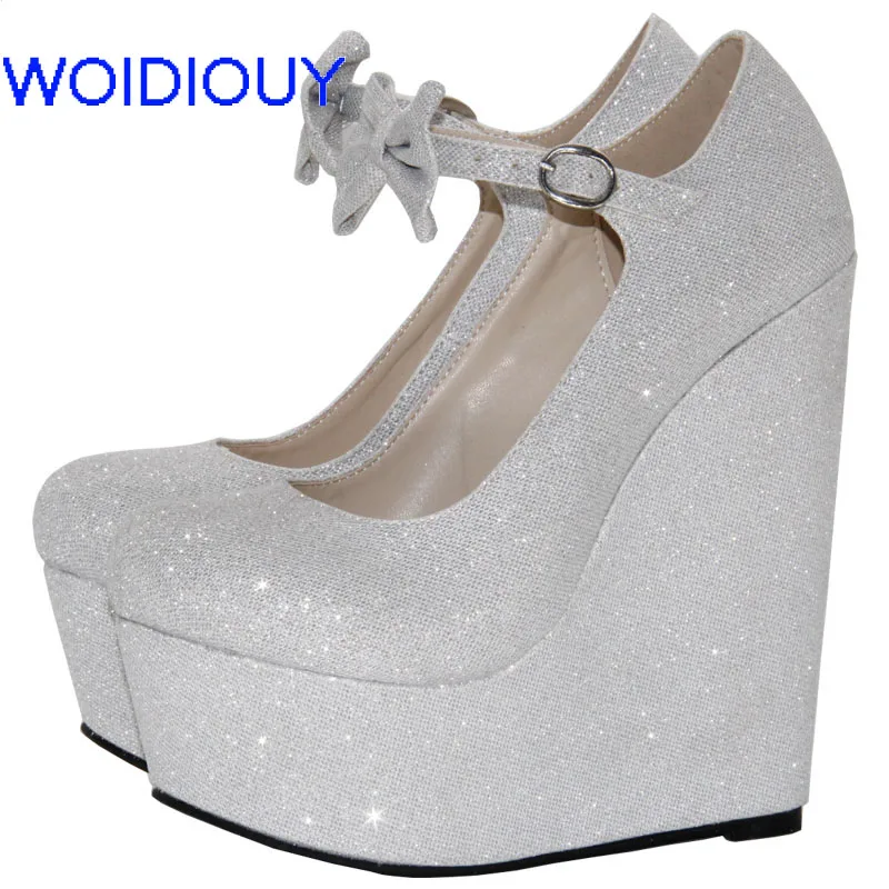 

Women High Heels Shoes Plus Size Silver Platform Wedges Female Pumps Elegant PU Buckle Bowtie Ankle Strap Party Wedding Shoes