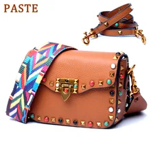 PASTE Brand Rivet Women Crossbody Bag Wide Shoulder Strap Ladies Messenger Bag Soft Cow Real Leather Designer Small Square Bag PASTE Brand Rivet Women Crossbody Bag Wide Shoulder Strap Ladies Messenger Bag Soft Cow Real Leather Designer Small Square Bag