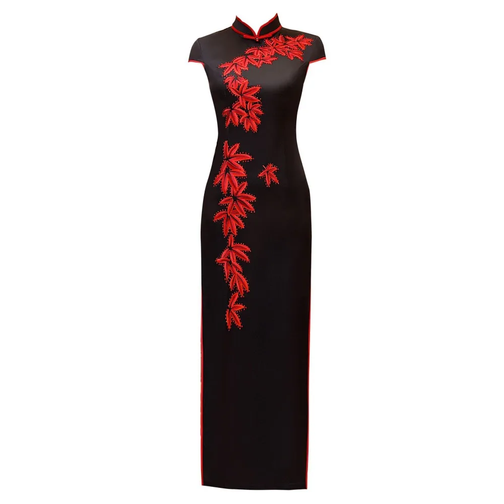 Вышивка горный хрусталь платье Ципао в китайском стиле длинные ручной работы и пуговицы платье Чонсам Женская воротник стойка