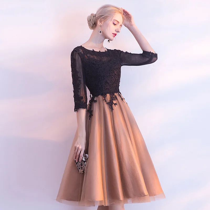 It's YiiYa Luxury Black And Yellow O-Neck Half Sleeve Backless Appliques Lace Up Cocktail Dresses Knee Length Formal Dress LX458