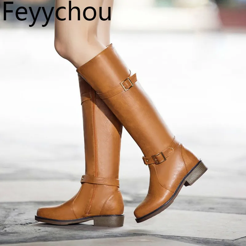 

Women Boots Autumn Winter Med Heel Warm Pu Knee High Round Toe Motorcycle Shoes 2018 Sexy Fashion Casual Black Beige Size 34-44