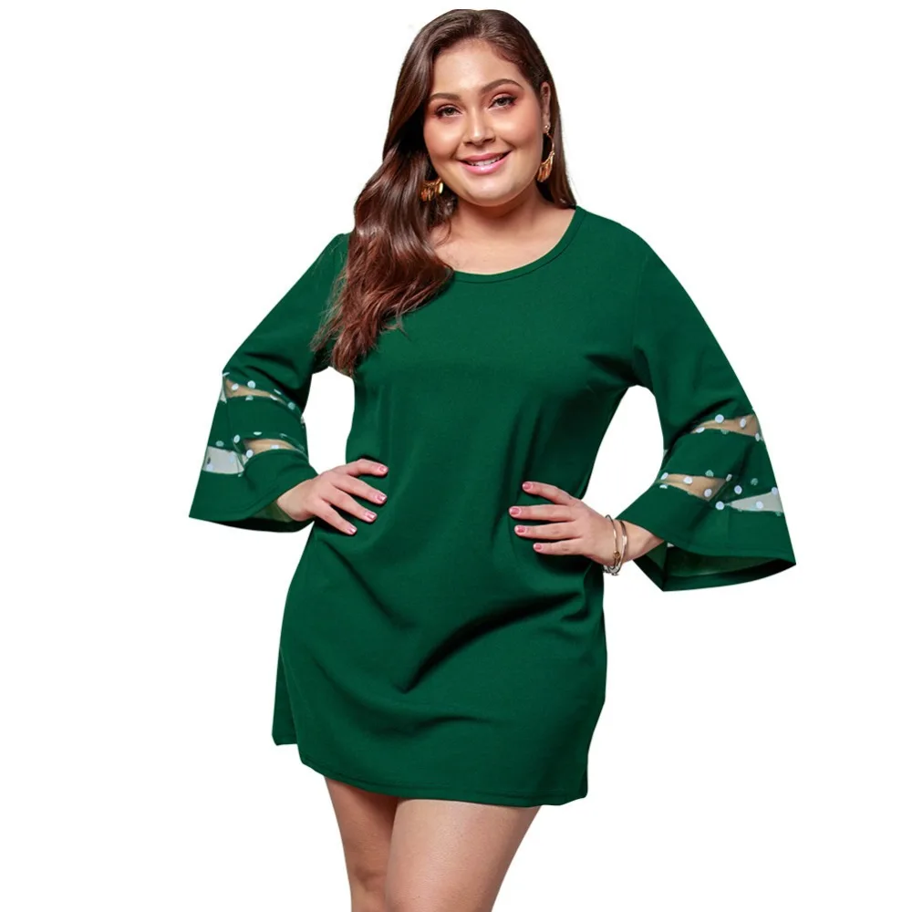 

WHZHM Black Mesh Full Flare Sleeve High Waist Loose Plus Size 3XL 4XL Dress Women Casual Summer Lace Patchwork O-Neck Dress