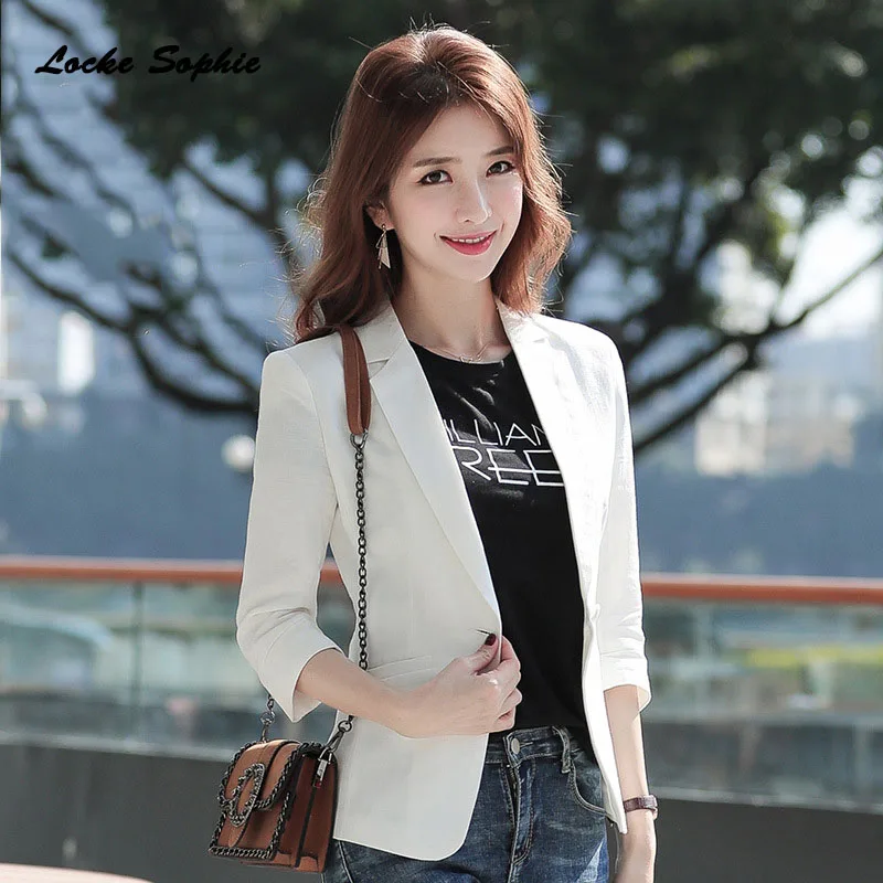 1pcs Women's Plus size Slim fit Blazers coats 2019 Summer cotton Middle sleeve Small Suits jackets ladies Skinny Blazers Suits
