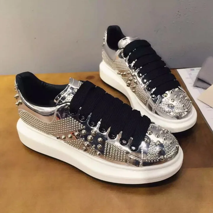 Métallique As Pic Embelli Couleur Marque Avant as Chaussures Casual forme Rivets Appartements Basses De Baskets Plate Pic Lacets Femme qaBZtx