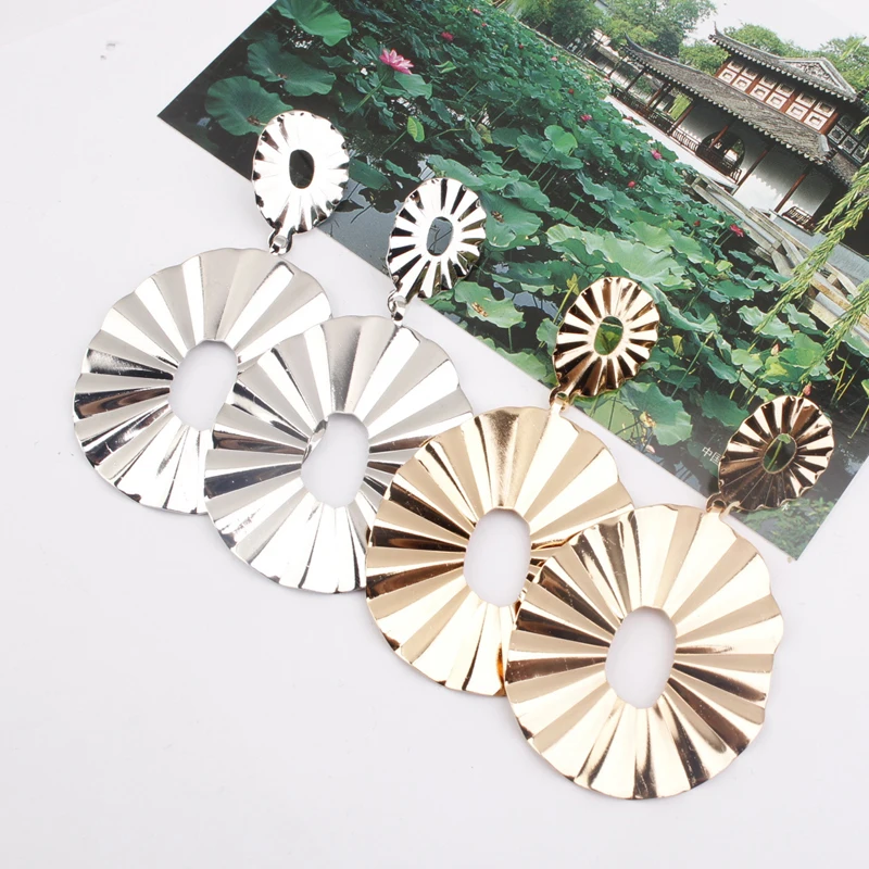 

2019 Geometric Silver Gold Metal Pattern Earrings for Women Vintage round Big Earrings Punk Hip Hop Statement ear Jewelry