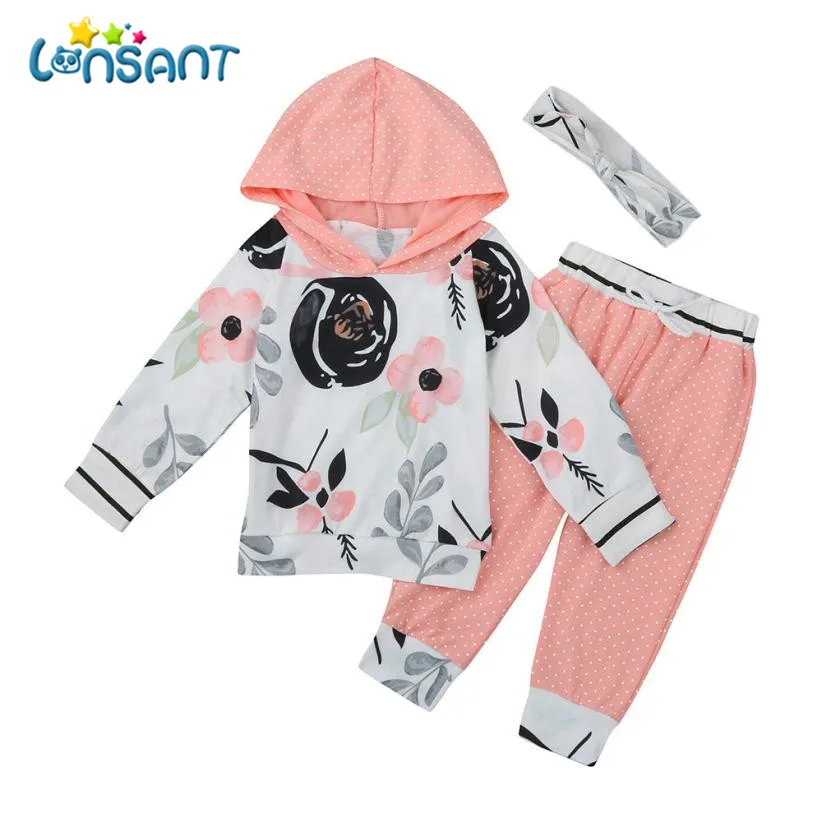 

LONSANT 2018 Baby Girl Boy Clothes Set Floral Striped Hooded Tops+Pants High Quality Cotton Pasgeboren Baby Kleding Dropshipping