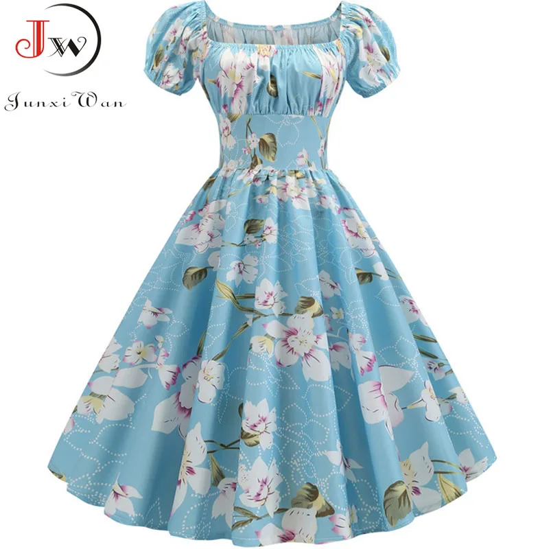 

Women Vintage Floral Printed Summer Dress Puff Sleeve Elegant A-line Midi Party Dress Robe 2019 Chic Rockabilly Pinup Vestidos