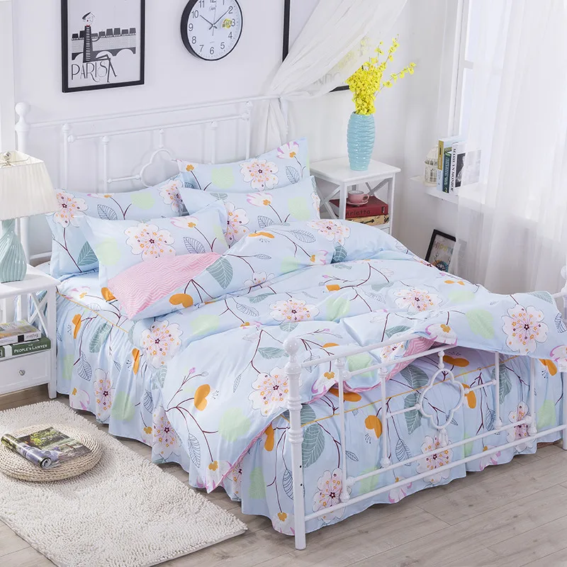 

Floral Print Single Double Bed Duvet Cover Sets Twin Full Queen Size 100% Polyester Bed Skirt Bedding Sets XF645-20