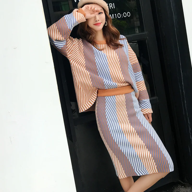 

Fashion Two Piece Set Women 2018 Autumn Winter Striped Knitted Long Sleeve Top Sweater Slim Casual Skirt Women Clothes