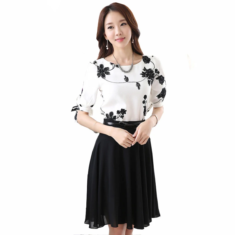 

Beauty Lady Clothing Set Plus Size S-3XL Embroidery Chiffon Shirts + Black Mini Skirts Women Casual Summer Suits