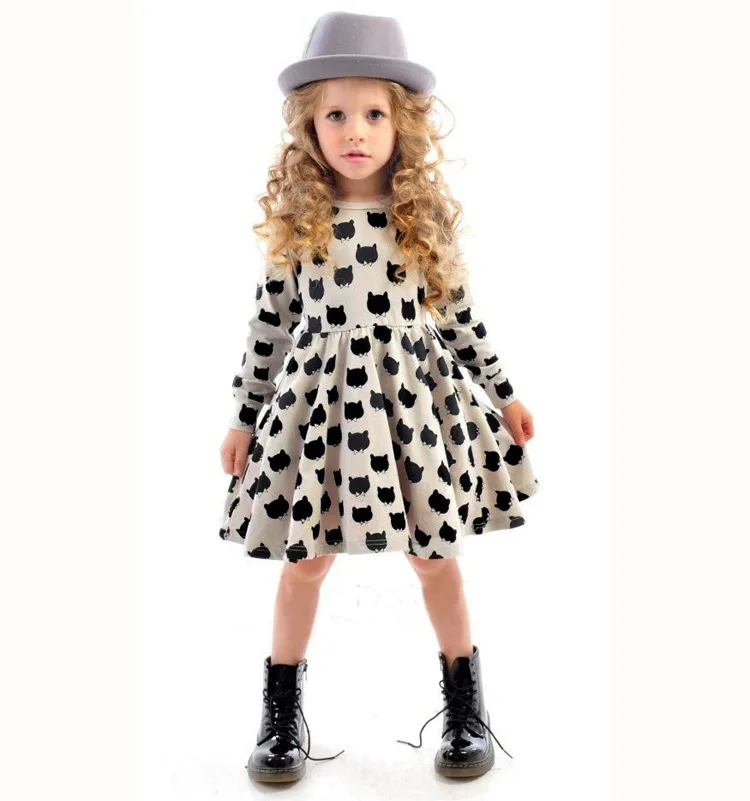 2017 lovely children's wear Comfortable cotton black cat print stretch tight dress long sleeve
