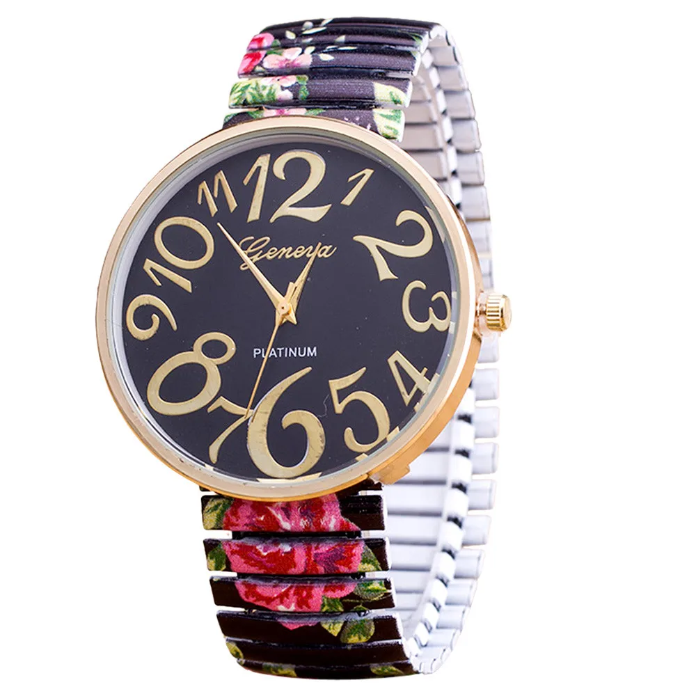 

Retro Geneva Flowers Big Dial 12 Large Digital Watches Women Elasticity Shrink Bracelet Stainless Steel Quartz Wrist Watch