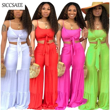 

Summer 2019 Solid Color Strapless Bow Crop Top Backless Wide Leg Palazzo Pants Loose Oversized Two Piece Set Matching Sweat Suit