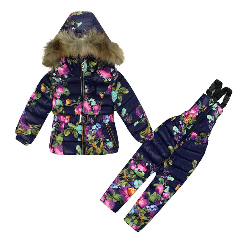 Комплект зимней одежды для девочек, пуховое пальто с цветочным принтом+ комбинезон, костюмы, теплый ветрозащитный зимний комбинезон для малышей, детский лыжный костюм на синтепоне, T02 - Цвет: Синий