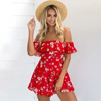 Momoluna New 2017 Woman Floral print Off shoulder Ruffle beach bodysuit Jumpsuits Rompers overalls salopette femme body femme