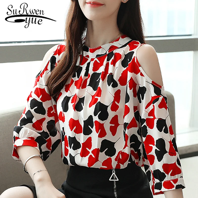 

blouses woman 2019 summer short sleeve print chiffon women blouse casual O-neck off shoulder top women shirts top female 4937 50