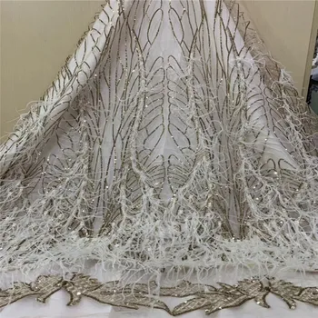 

3d Lace Fabric 2018 High Quality Lace Sequins Fabric Nigerian Gold Party 5yards Tulle Lace Fabric For African Lace HJ1431-1