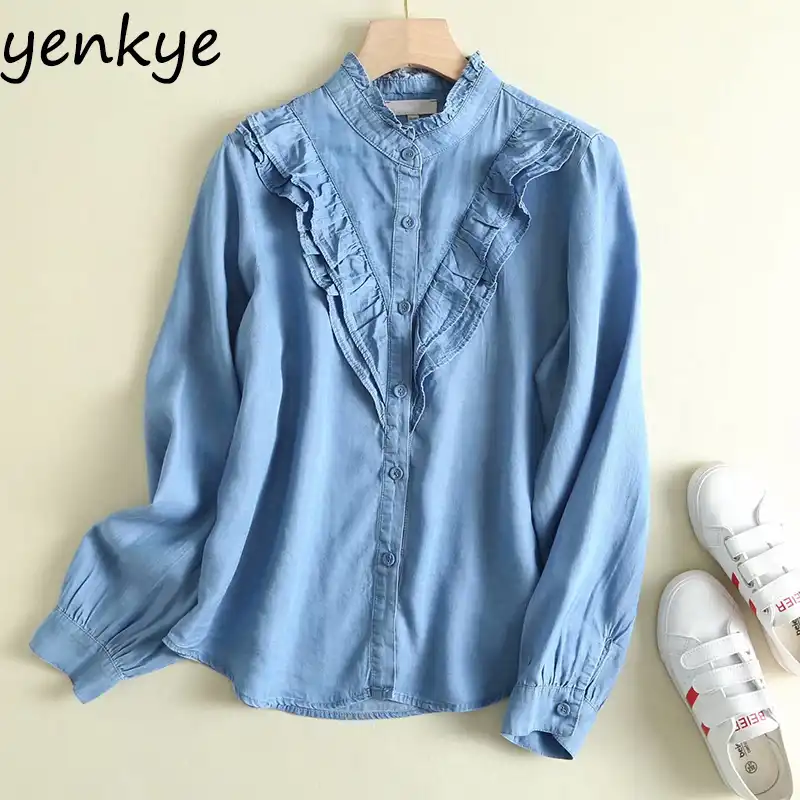 high neck denim shirt
