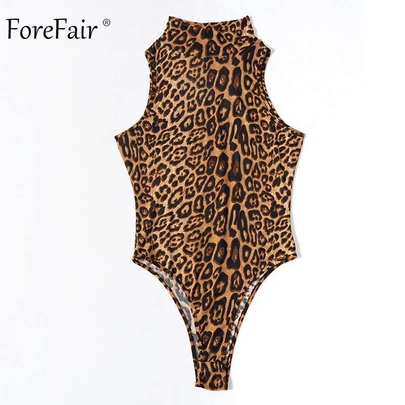 Forefair, сексуальные леопардовые боди для женщин,, без рукавов, на шее, с открытыми плечами, животный принт, комбинезон, водолазка, летний Боди