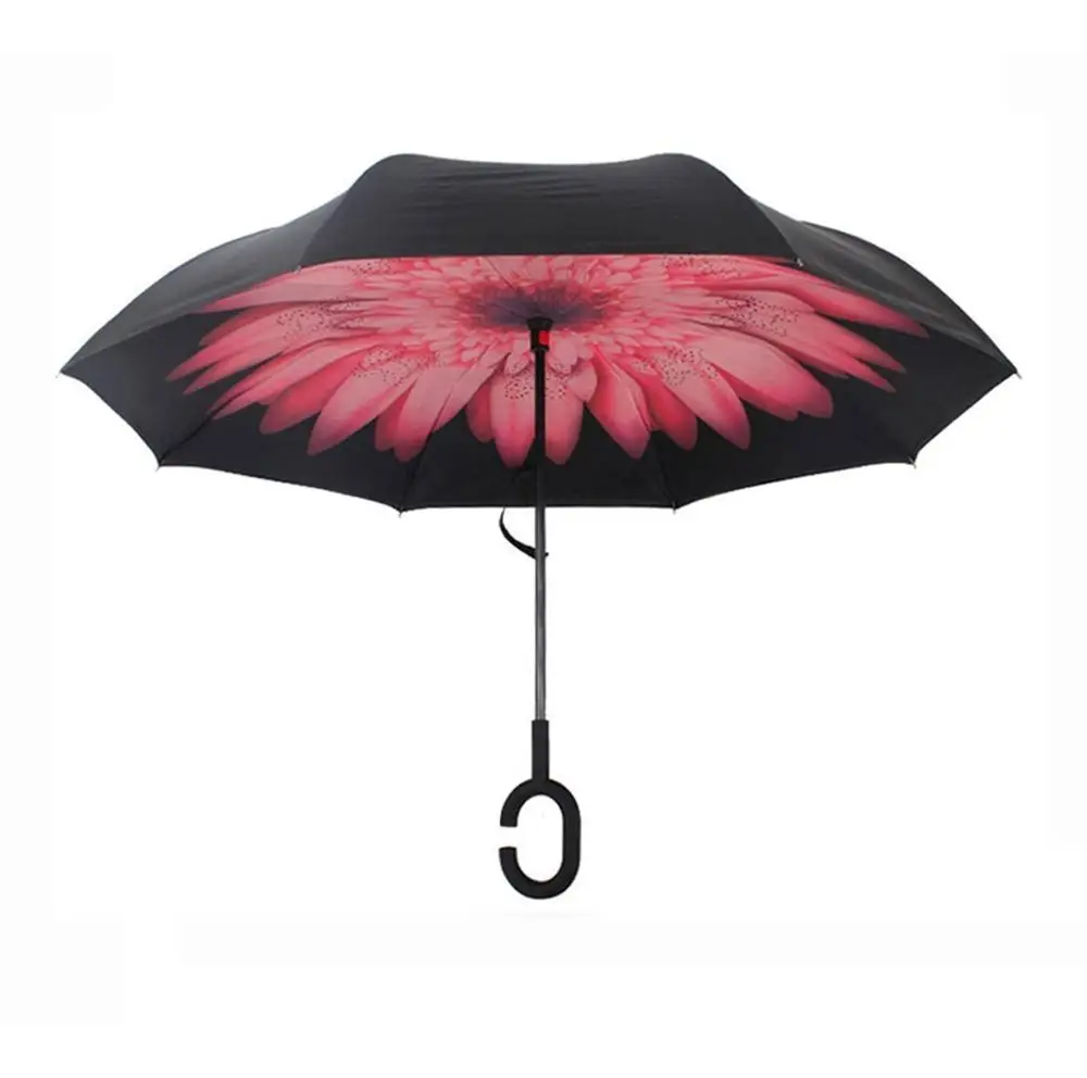 Yesello складной двухслойный перевернутый зонтик с цветком гардения, самостоящий с изнанкой, защита от дождя, длинные с-образные ручки для автомобиля - Цвет: Тёмно-синий