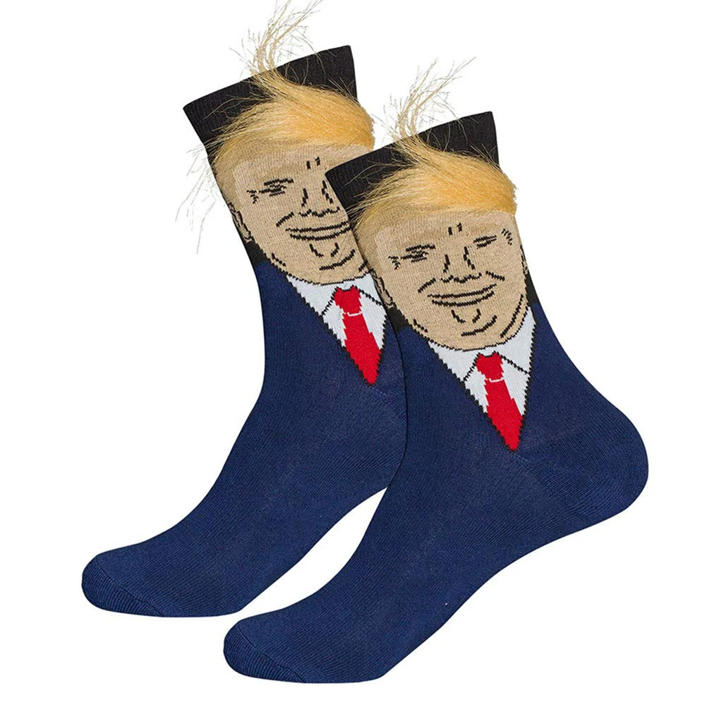 

President Donald Trump Socks Unisex Funny Print Adult Casual Crew Socks with 3D Fake Hair Crew Socks Gift for Women and Men