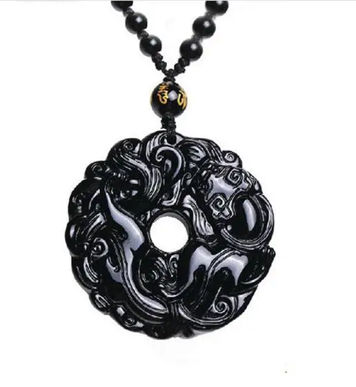 Beautiful Handwork Natural Black Obsidian Carved PiXiu Safety Buckle Lucky Pendants + free Necklace Fine Fashion Jewelry | Украшения и