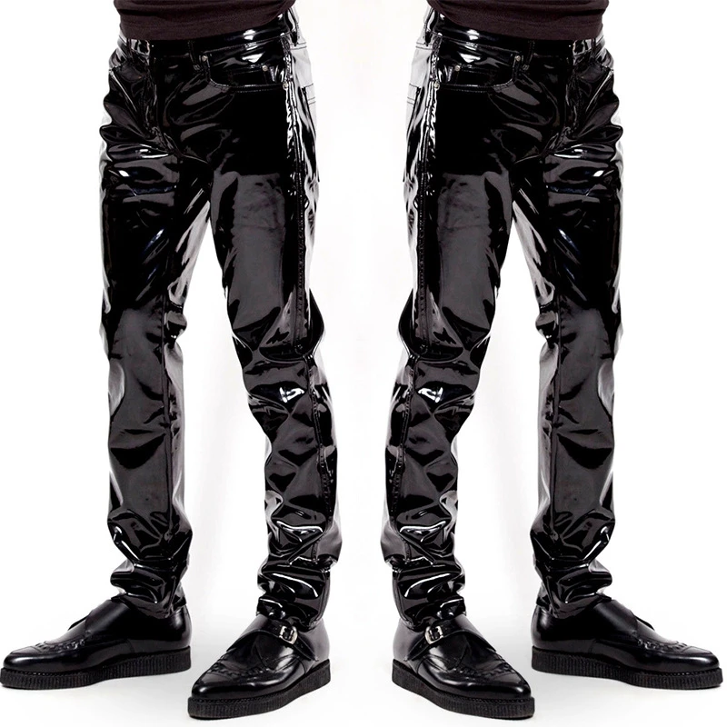 Men Sexy Black Wetlook Faux Leather Lingerie Exotic Pants PU Latex Catsuit Zipper PVC Stage Clubwear gay fetish