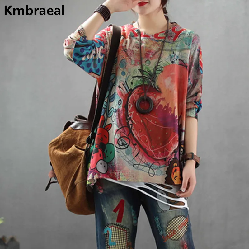 

2019 Spring Vintage Knitting Print floral Sweater O-Neck Cartoon Women Pullover Femme Loose Oversize Casual Steetwaer