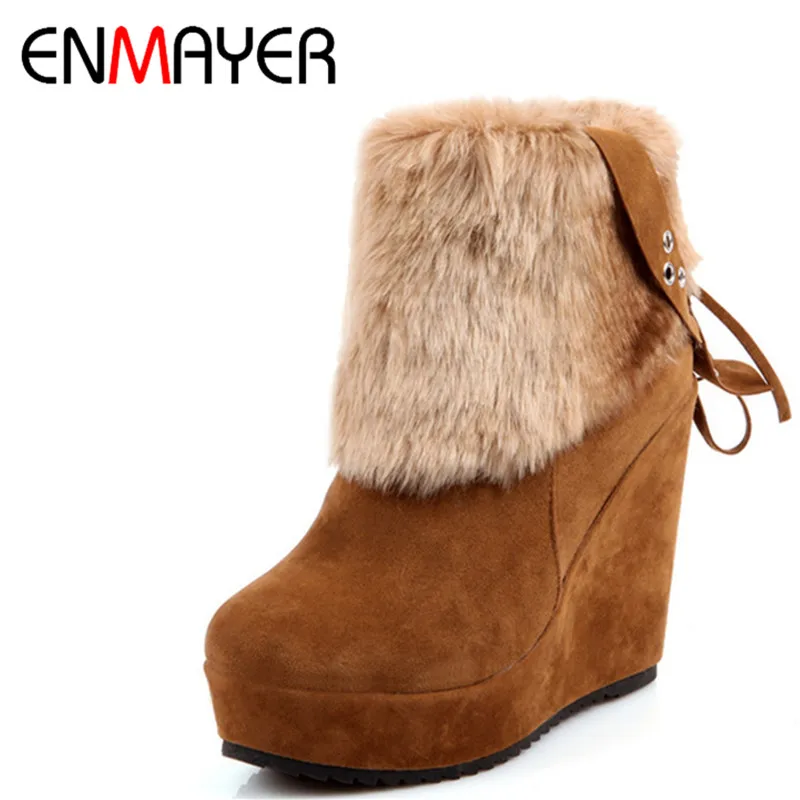 

ENMAYER New Winter Boots Women Zipper Wegeds High Heels Boots Ladies Short Boots With Fur Fashion Lace-Up Platform Boots