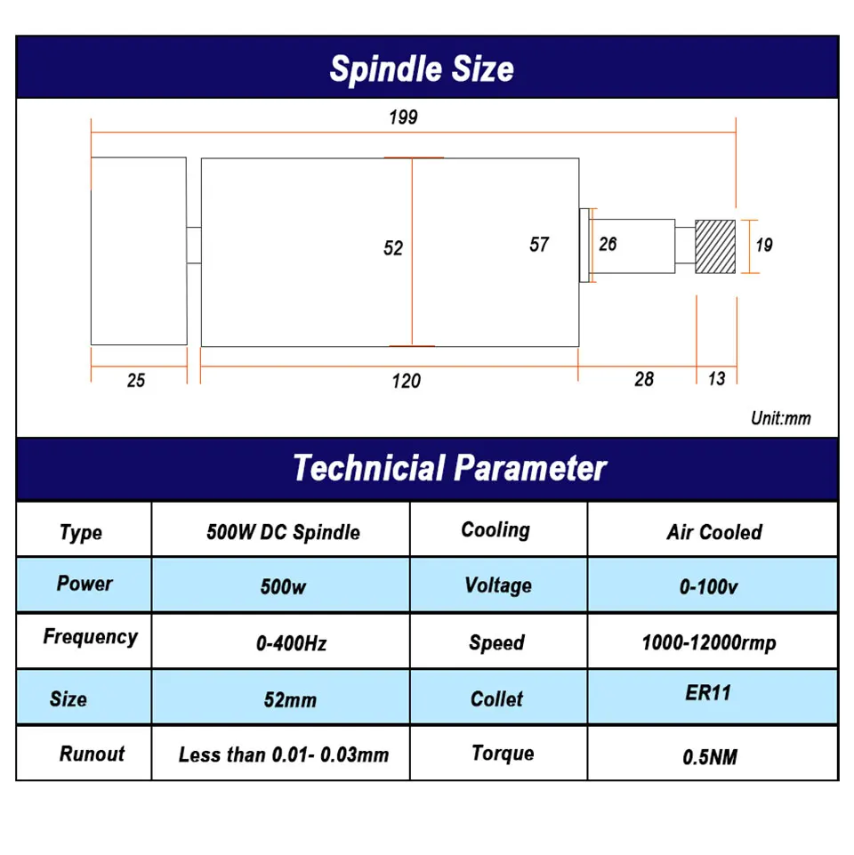 CNC шпиндель 0,5 кВт двигатель 0,5 кВт шпиндель с воздушным охлаждением+ 110 В/220 В Регулируемый источник питания+ 52 мм зажимы для гравировального станка