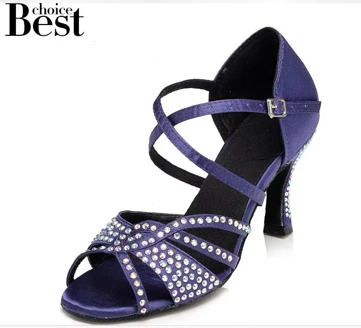Женская танцевальная обувь 8,5 см, стразы, мягкая подошва, фиолетовый цвет, сальса, Бальные, латинские танцевальные туфли для женщин, Новое поступление JuseDanc - Цвет: heel 7.5cm