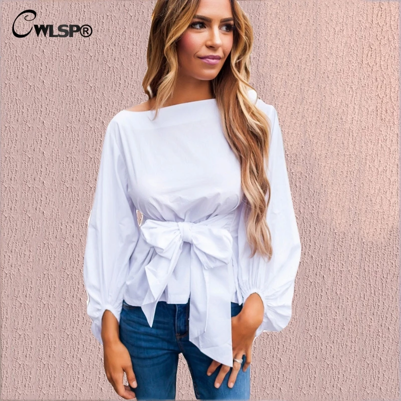 

CWLSP Women Solid Shirt Casual Lantern Sleeve Blouses with Bow Spring New Fashion Tops blusas mujer de moda 2018 QL3573