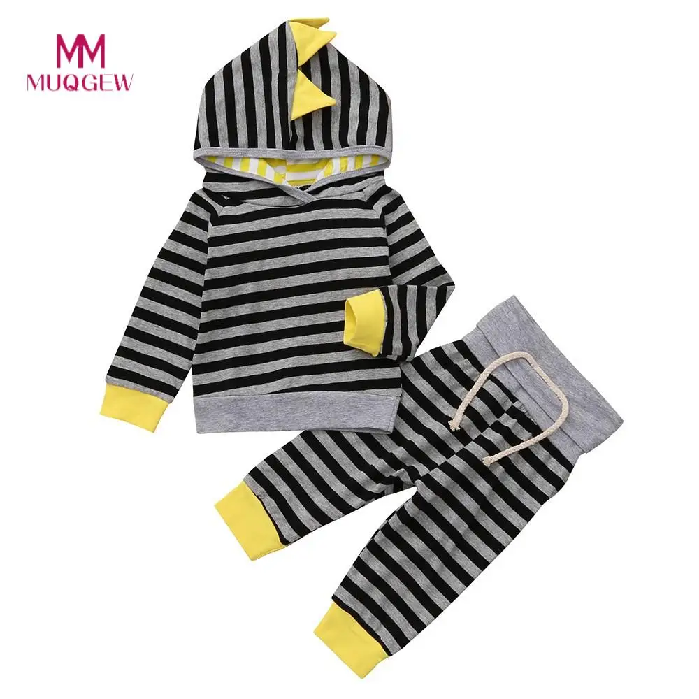 

Hot Sale Children Clothing Set Long Sleeve Hooded Cotton 2PCS Toddler Baby Cartoon Stripe Print Hooded Top Sweatshirt+Pants Set