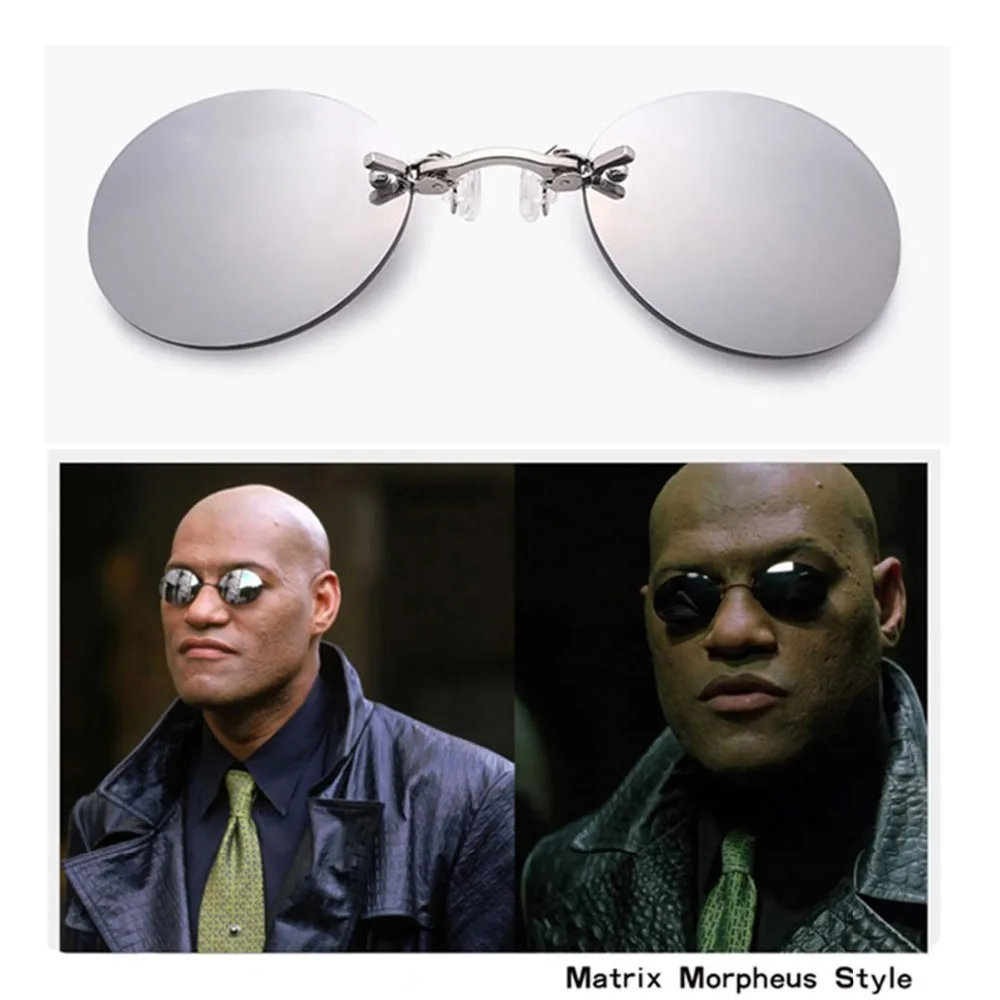 Мужские солнцезащитные очки без оправы в стиле Matrix Morpheus, ультрамодные, ультралегкие, с зажимом, в носу, Ретро стиль, солнцезащитные очки