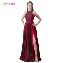 Бургундия платья знаменитостей А-силуэт с высоким воротником шифон разрез спинки сексуальные длинные вечерние платья Красные ковровые платья