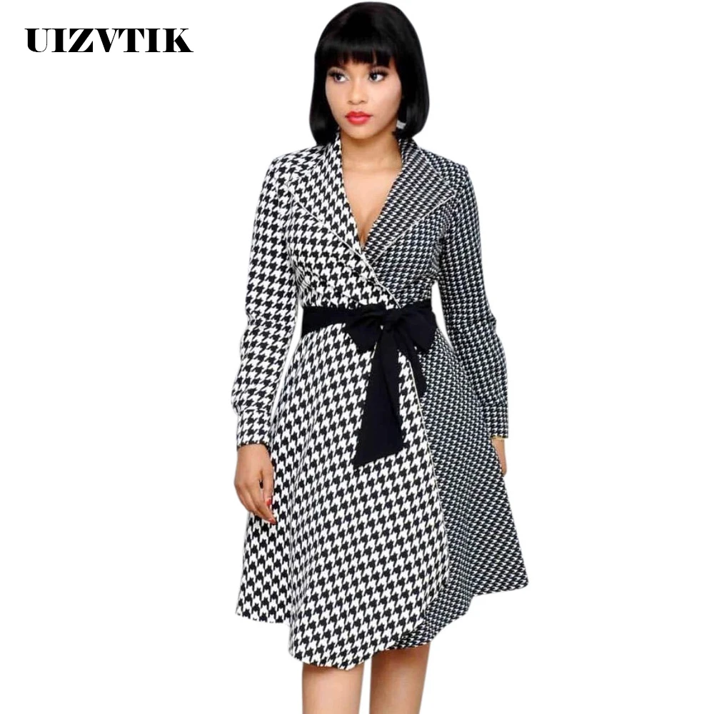 

Casual Classic Black White Plaid Suit Collar Office Autumn Dress For Women 2019 Vintage Elegant Sexy V Neck Bandage Party Dress