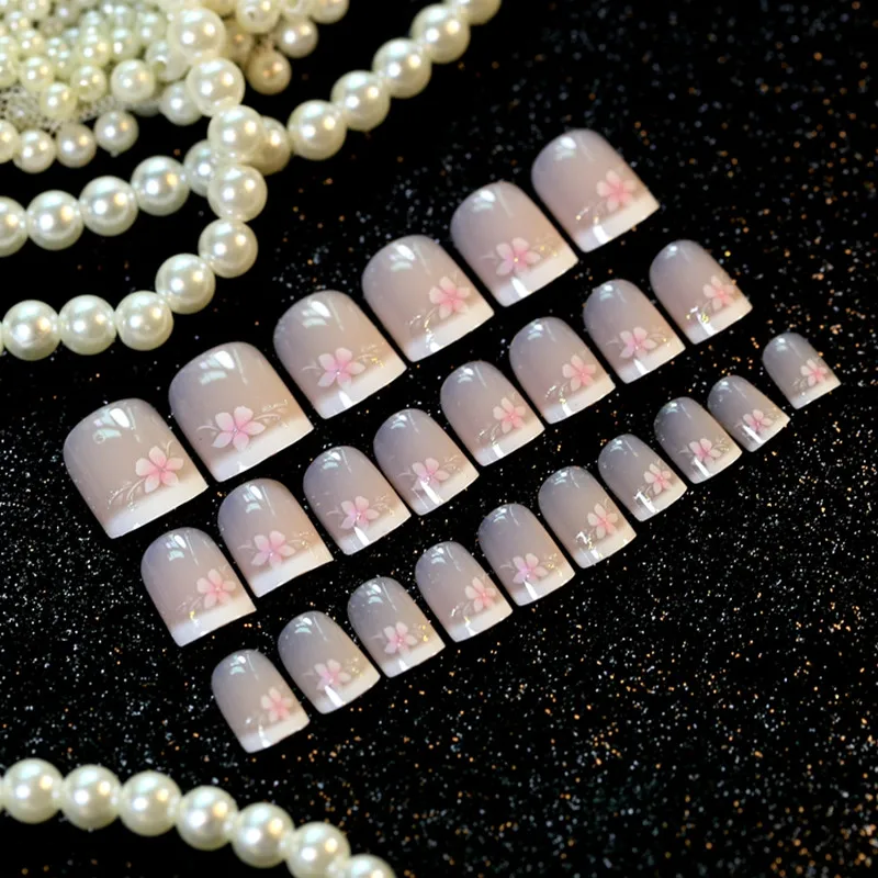 Hot Sale 24 Pcs Acrylic french false nails tips Pink With glue Pattern Fake Nails artistic Cover Nail Art Tips Salon free | Красота и
