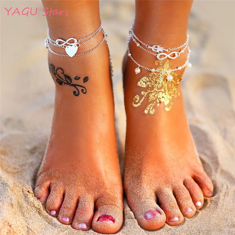 

Trendy 5Pcs/set Pearl Anchor Infinity Hamsa Heart Foot Anklet for Women Bohemia Beads Beach Ankles Set Bracelet on Leg Jewelry