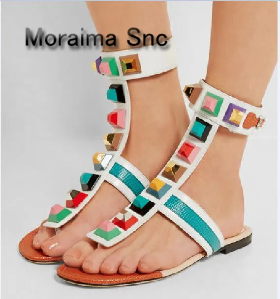 

Moraima Snc brand design shoes Mixed color beautiful rivets decor buckle strap flats sandals females casual beach shoe for woman