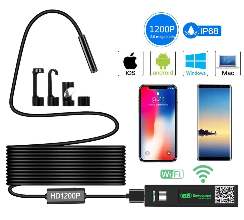 

Wireless HD wifi Endoscope Inspection Camera 2 Megapixels HD Waterproof IP68 WiFi Borescope with 8 pcs LED adjustable brightness