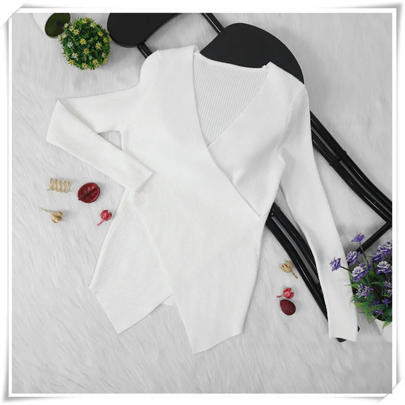 Off-the-shoulder V-neck 6-color sweater women's 2019 stitching cross long-sleeved knit pullover sexy winter knit sweater