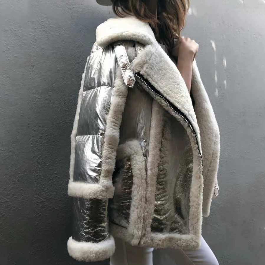 

2019 new winter coat women real fur coat sliver Genuine Leather Sheep Double-faced Fur jacket white duck down Motorcycle jacket