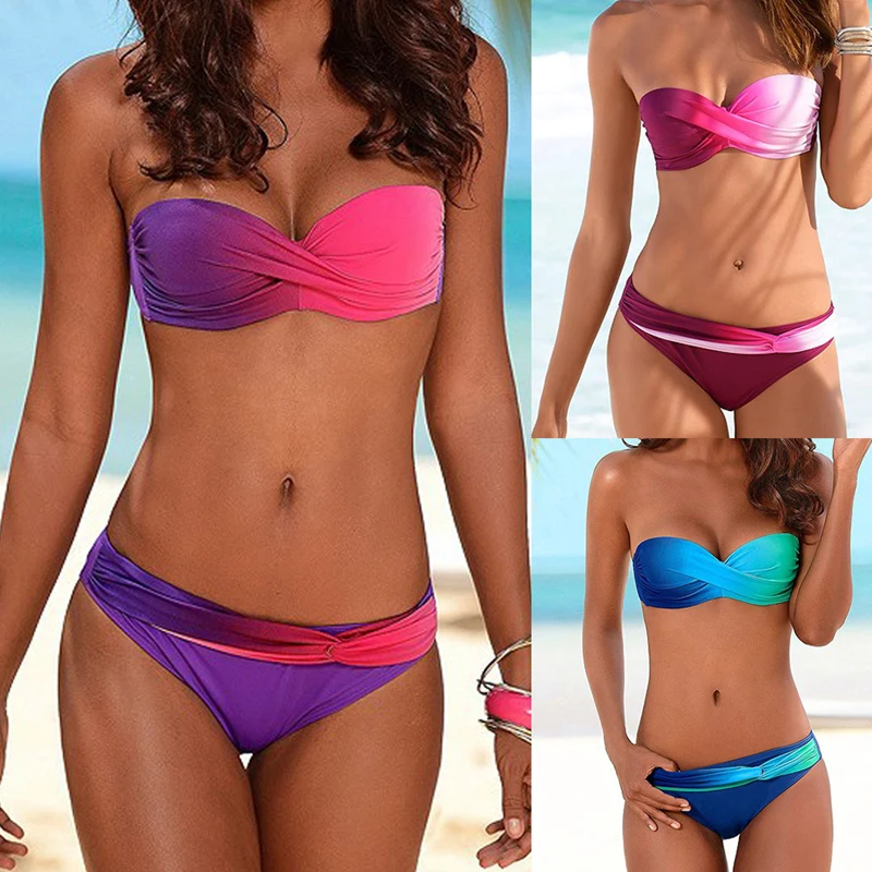 

2019 Sexy Women Gradient Swimsuit Push Up Bikini Female Bathing Suit Brazilian Swimwear Low Waist Beachwear Swimming Sui