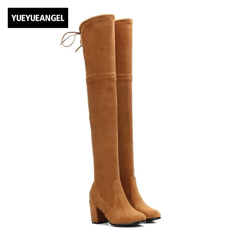 Winter New Retro Over The Knee High Boots Block Heel Real Sheepskin Suede Slim Fit Womens Shoes Sexy Soft Slip On Knight Boots