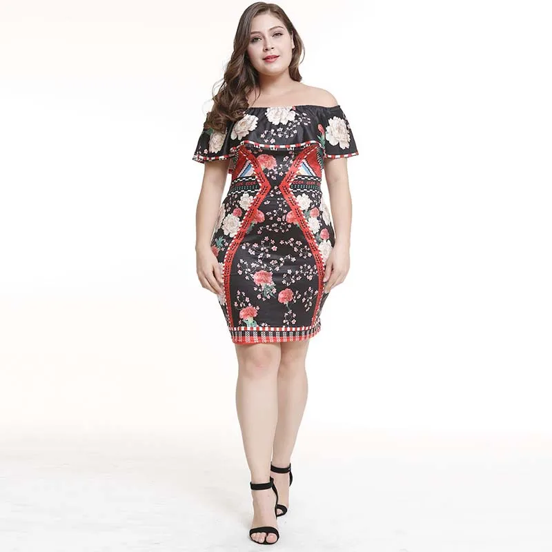 

WHZHM Vintage Flower Party Plus Size 3XL 4XL 5XL Dress Women Skinny Sexy Dress Short Sleeve Vadim Casual Off Shoulder Dress
