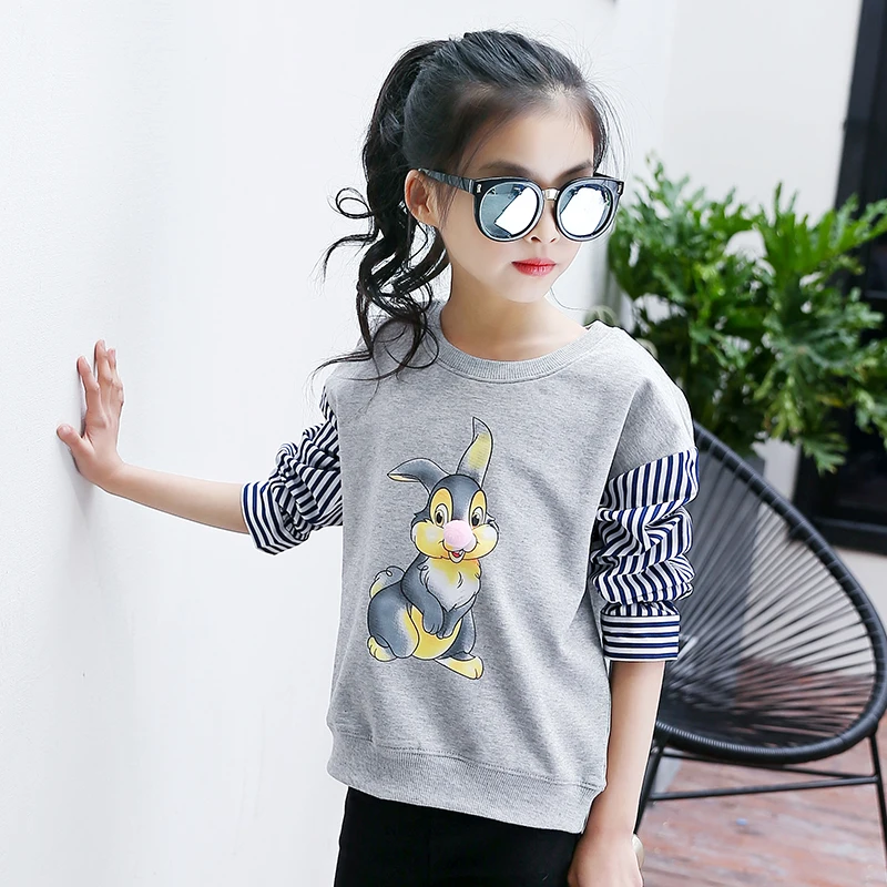 

iairay spring 2018 cotton long sleeve t shirts for girls animal print pullover children clothing girls grey casual striped shirt
