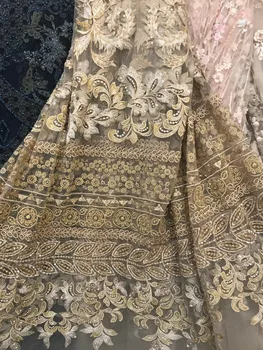 

Gold beaded embroidery lace fabric Luxury Bridal tulle french lace fabric high quality S18120318 for women
